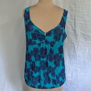 Turquoise Blue Floral Mesh V-Neck Babydoll Tank Top Sleeveless Womens Sz L Y2K